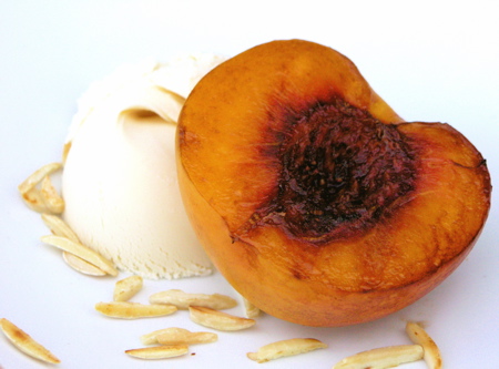 peachplated Grilled Peaches with Toasted Almonds and Vanilla Ice Cream